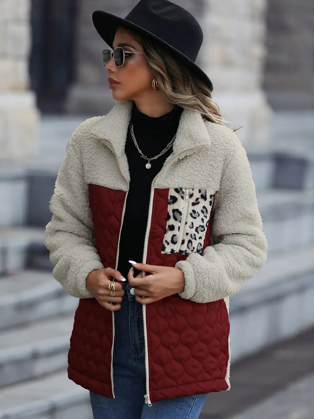 Leopard Color Block Zip-Up Jacket in Burgundy
