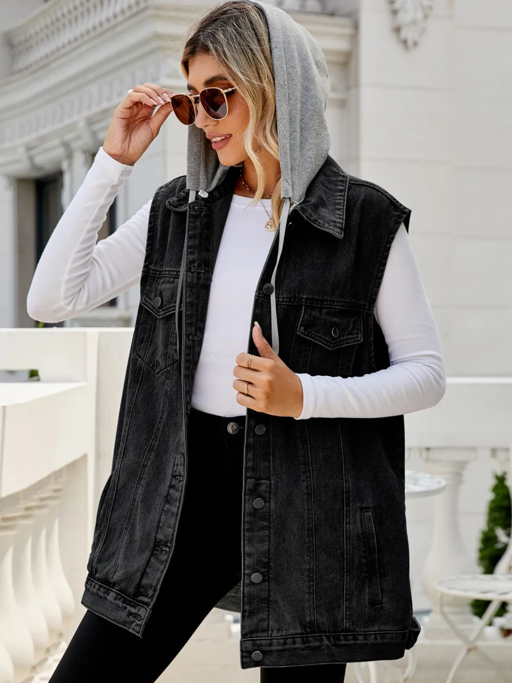 Drawstring Pocketed Button Up Sleeveless Denim Jacket, view 2