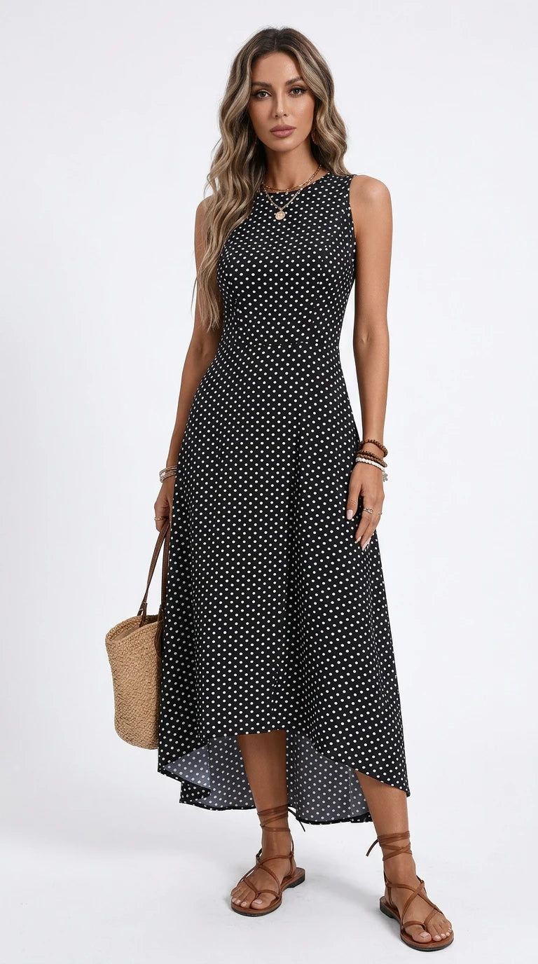 Sleeveless Polka Dot Maxi Dress in Black