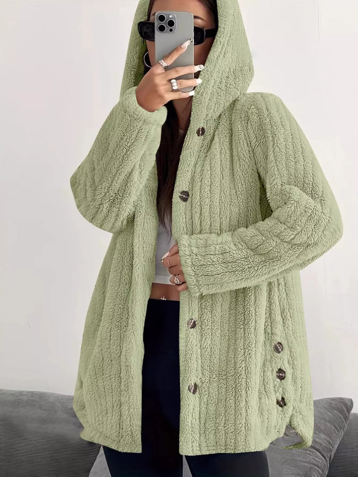 Full Size Fleece Button Up Hooded Outerwear Plus Size in Green