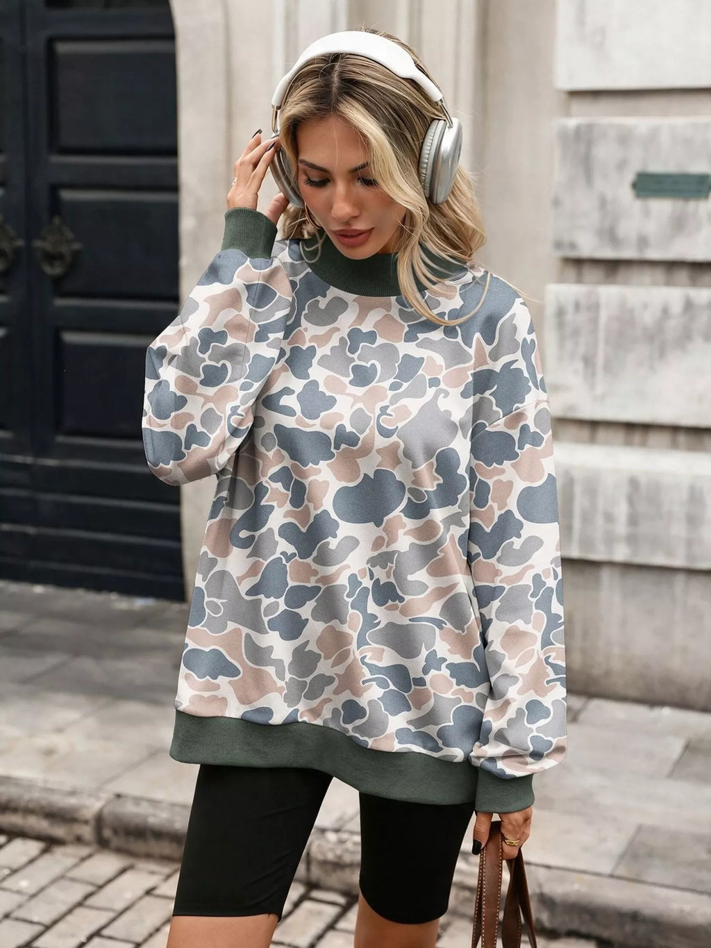Camouflage Print Mock Neck Sweatshirt - Lilixa.store