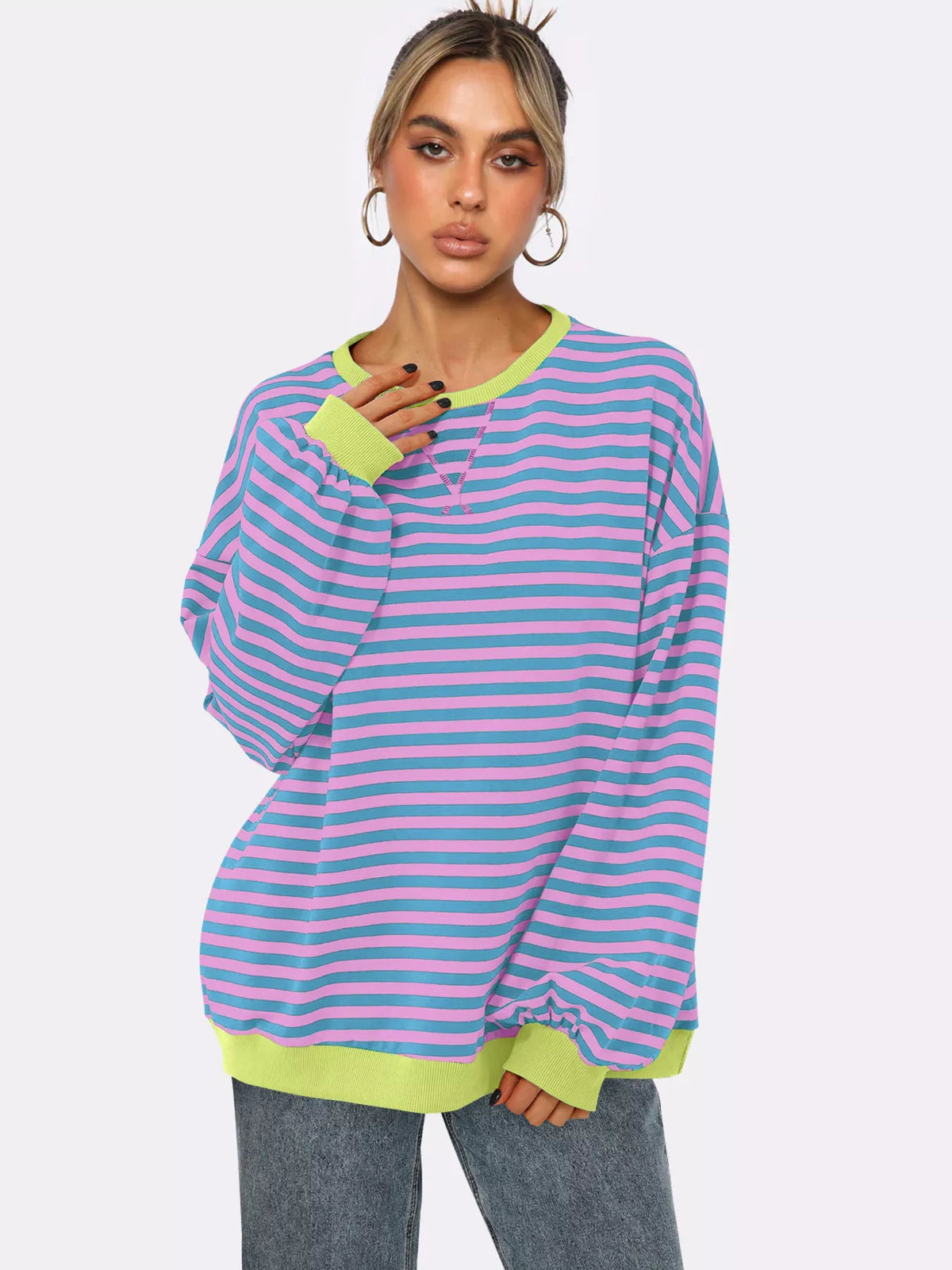 Striped Round Neck Long Sleeve Sweatshirt - Lilixa.store