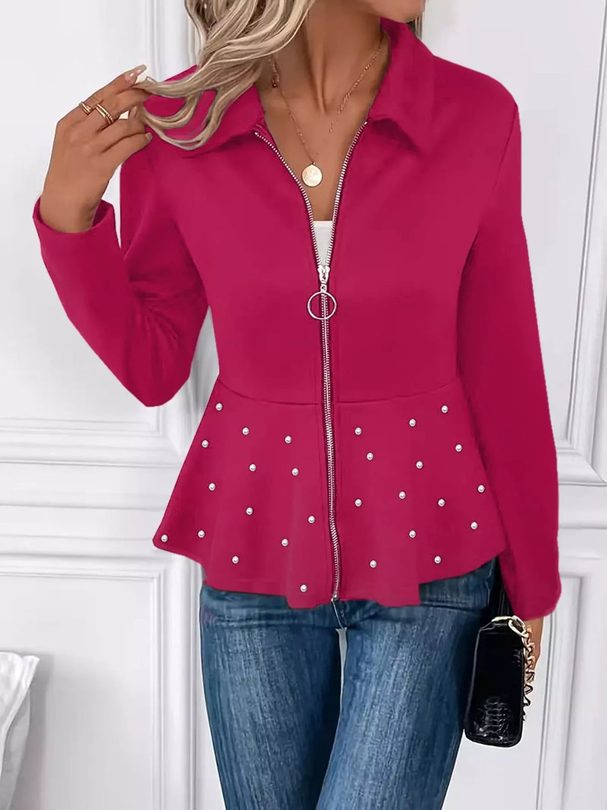 Pearl Embellished Zip-Up Peplum Outerwear, view 5