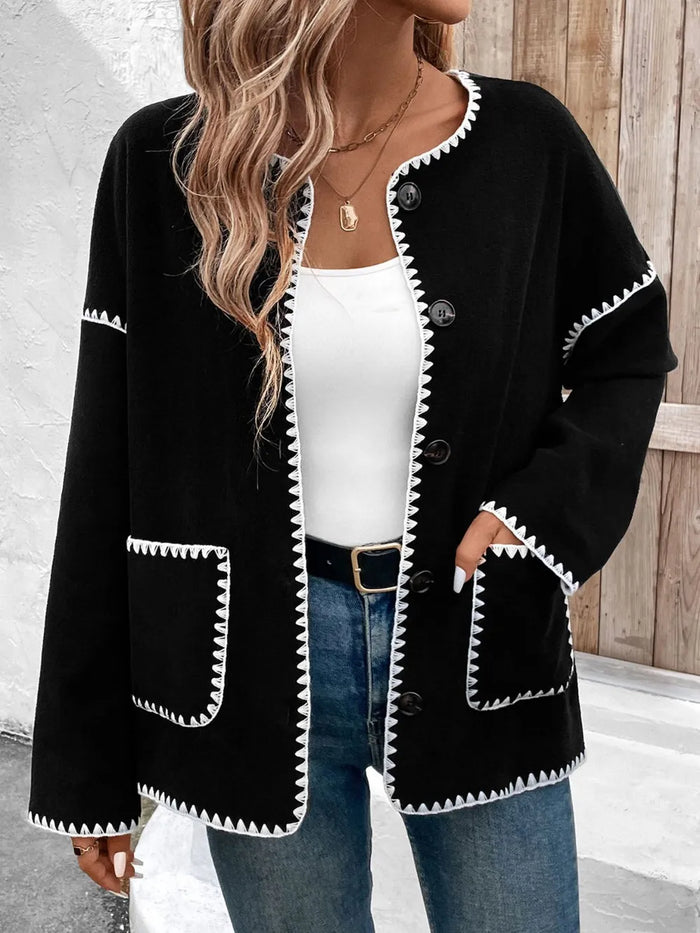 Perfee Pocketed Contrast Button Up Jacket in Black
