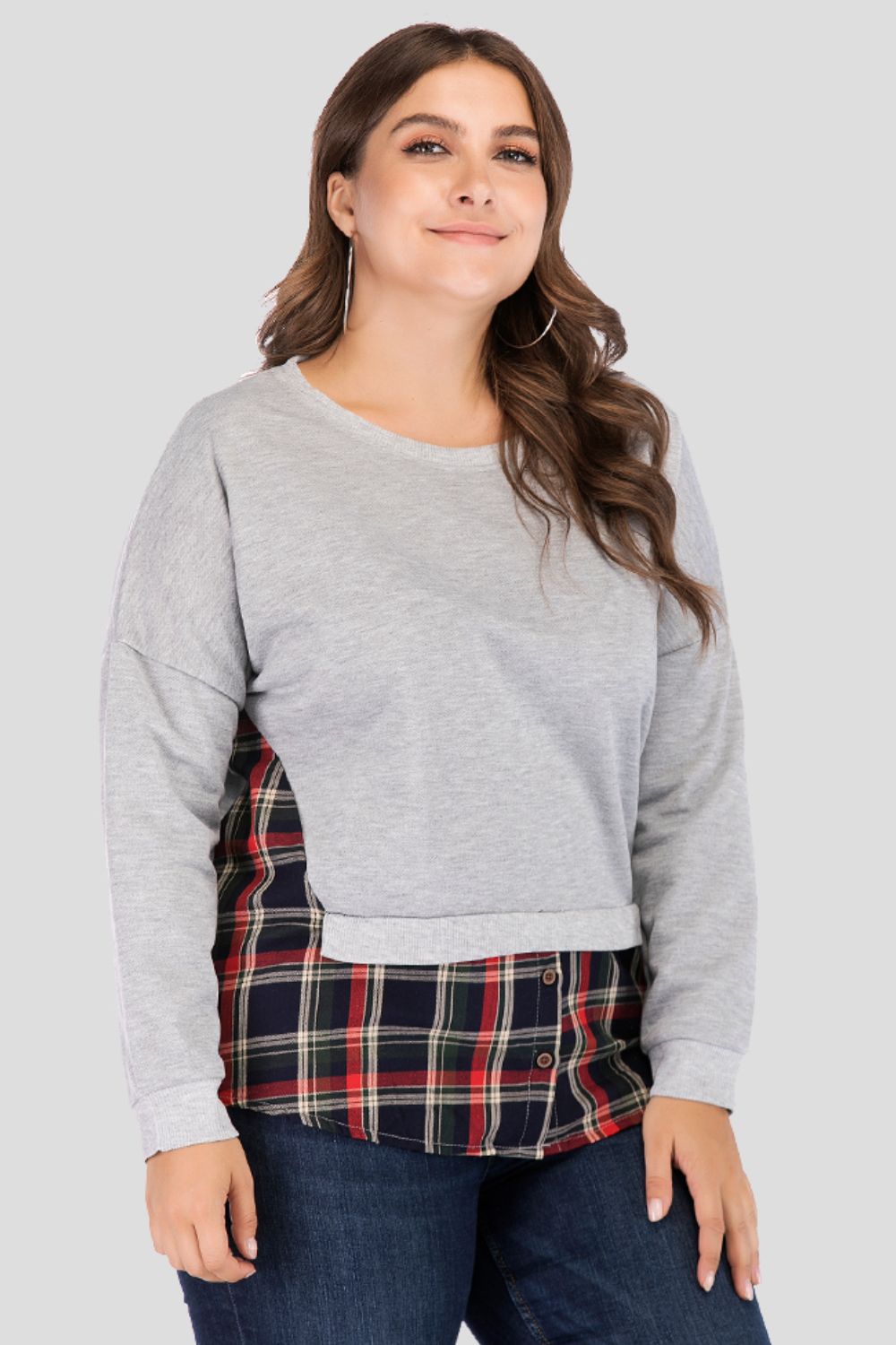 Full Size Plaid Patch Drop Shoulder Round Neck Top - Lilixa.store