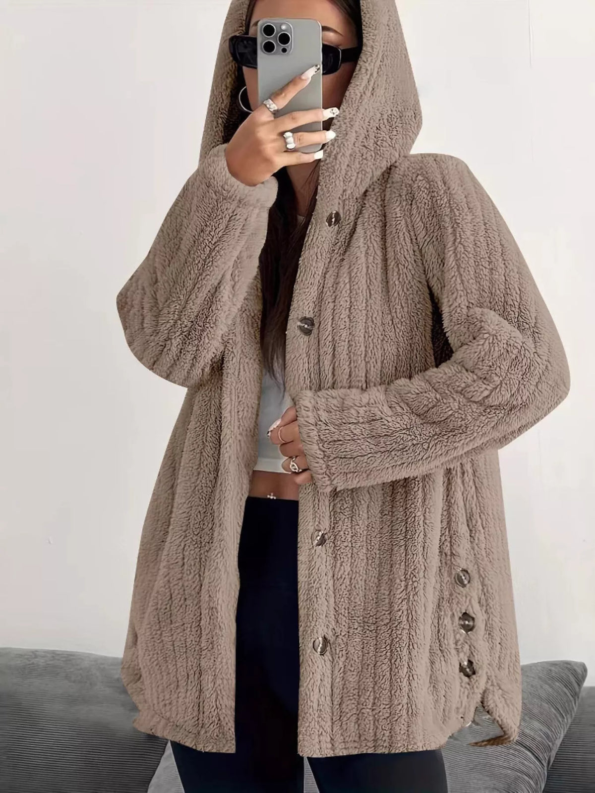 Full Size Fleece Button Up Hooded Outerwear Plus Size in Camel