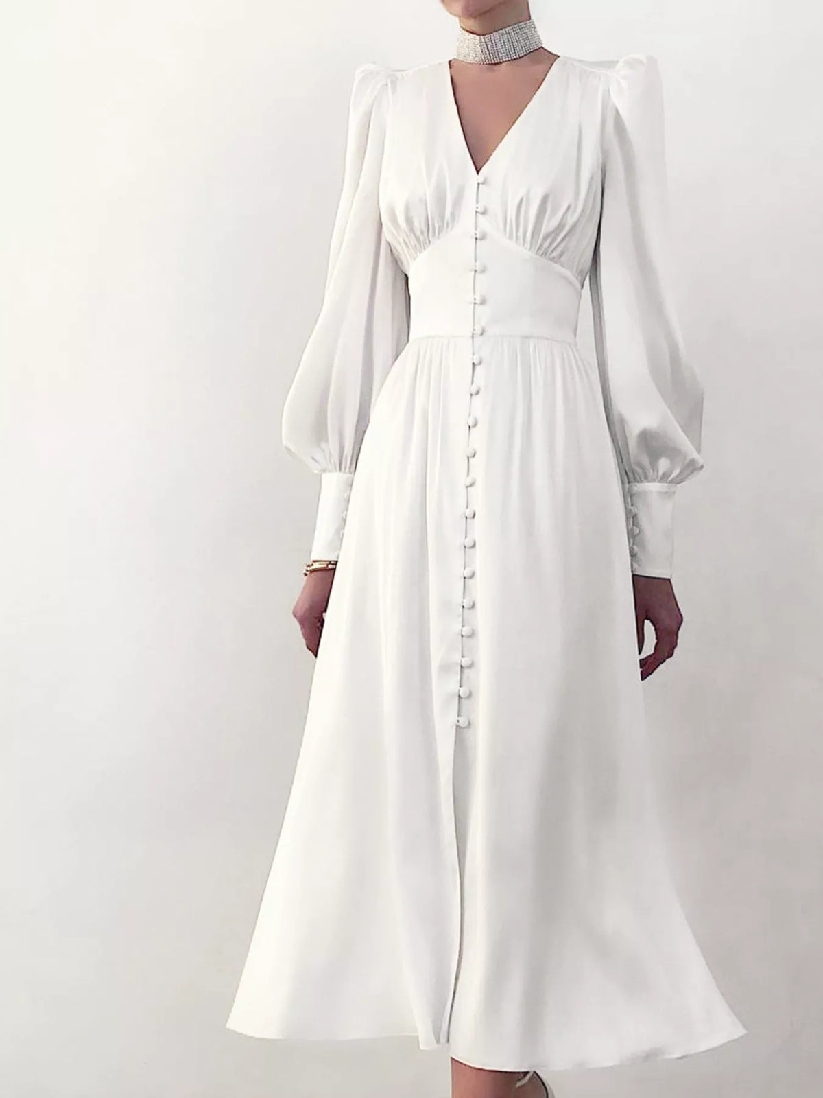 V-Neck Lantern Sleeve Midi Dress in White