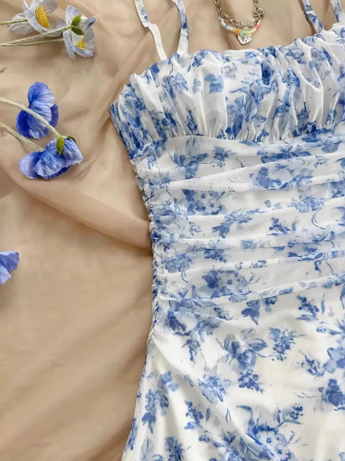 Floral Ruched Spaghetti Strap Mini Dress