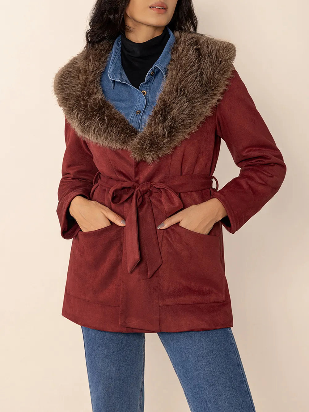 Fuzzy Collared Neck Tie Waist Jacket in Burgundy, view 7