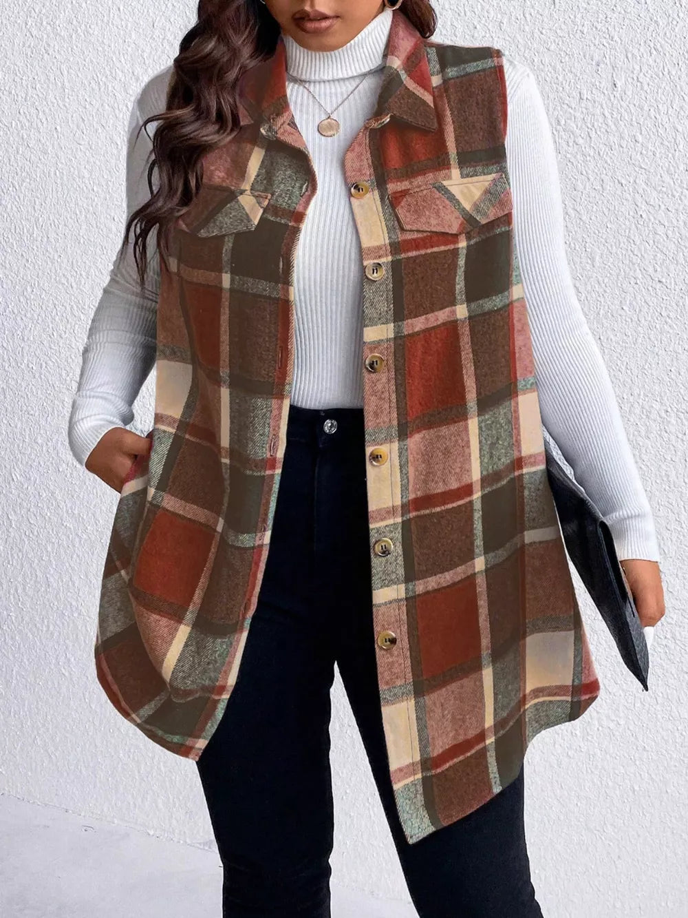 Honey Plus Size Pocketed Plaid Button Up Vest Coat, view 13