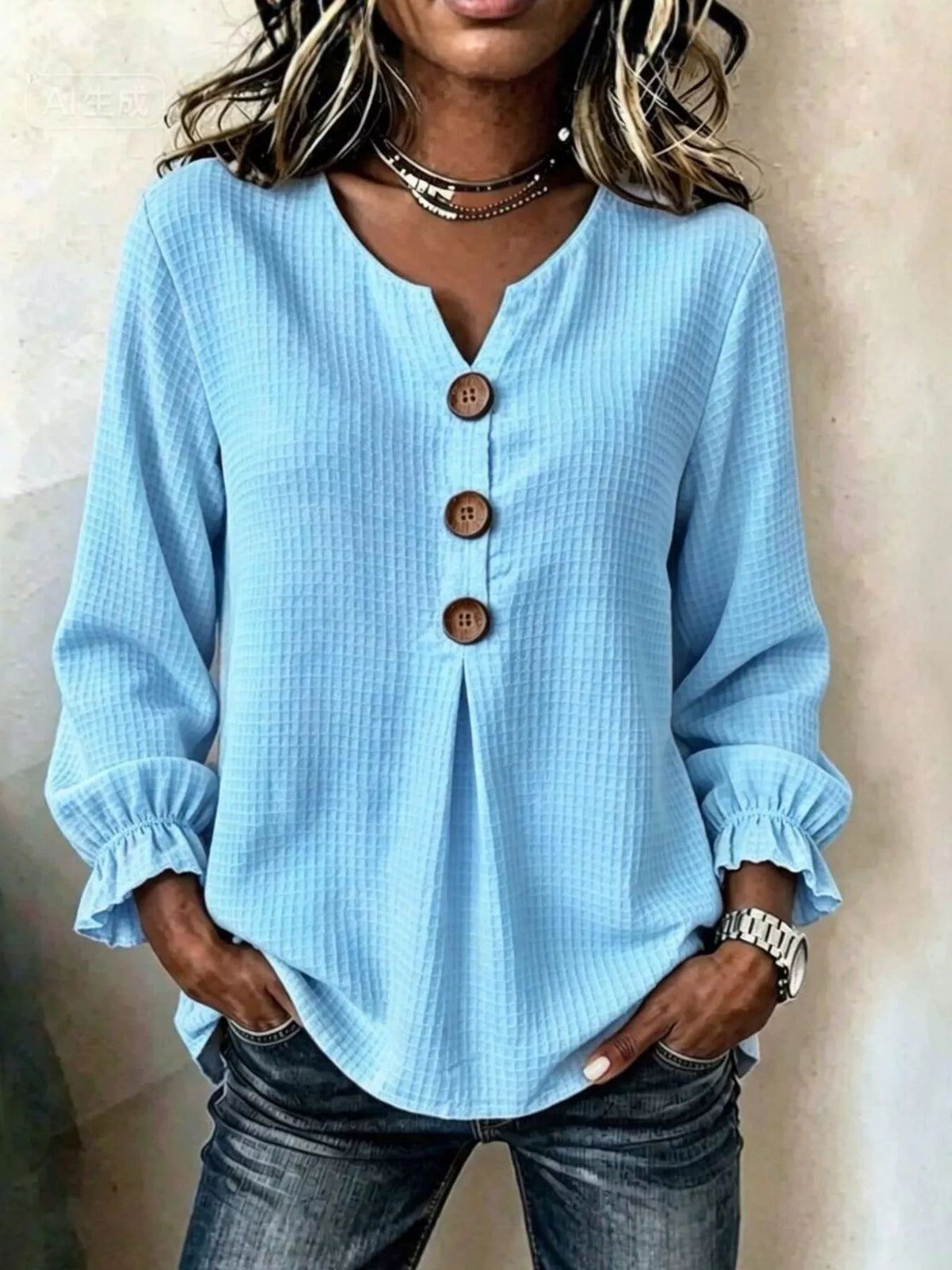Full Size Waffle Knit Flounce Sleeve Blouse Plus Size in Sky Blue