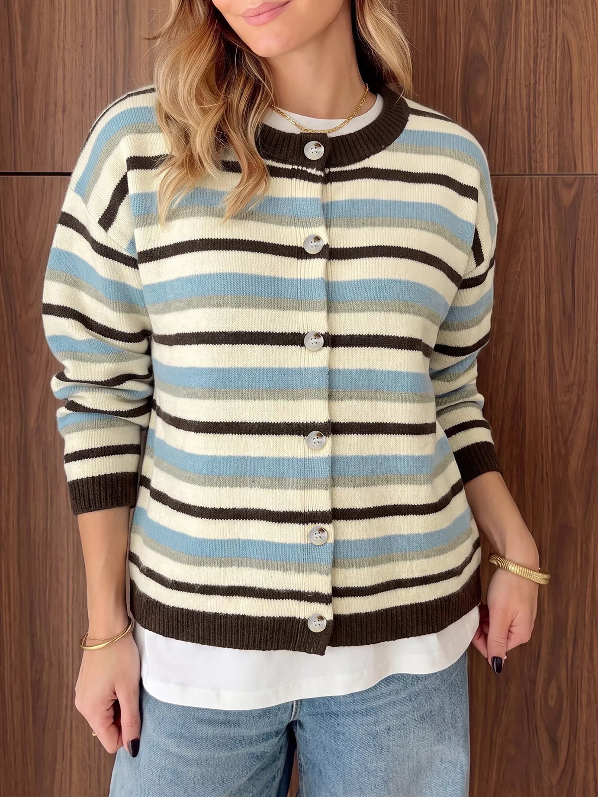 Striped Crew Neck Button-Down Cardigan - Lilixa.store