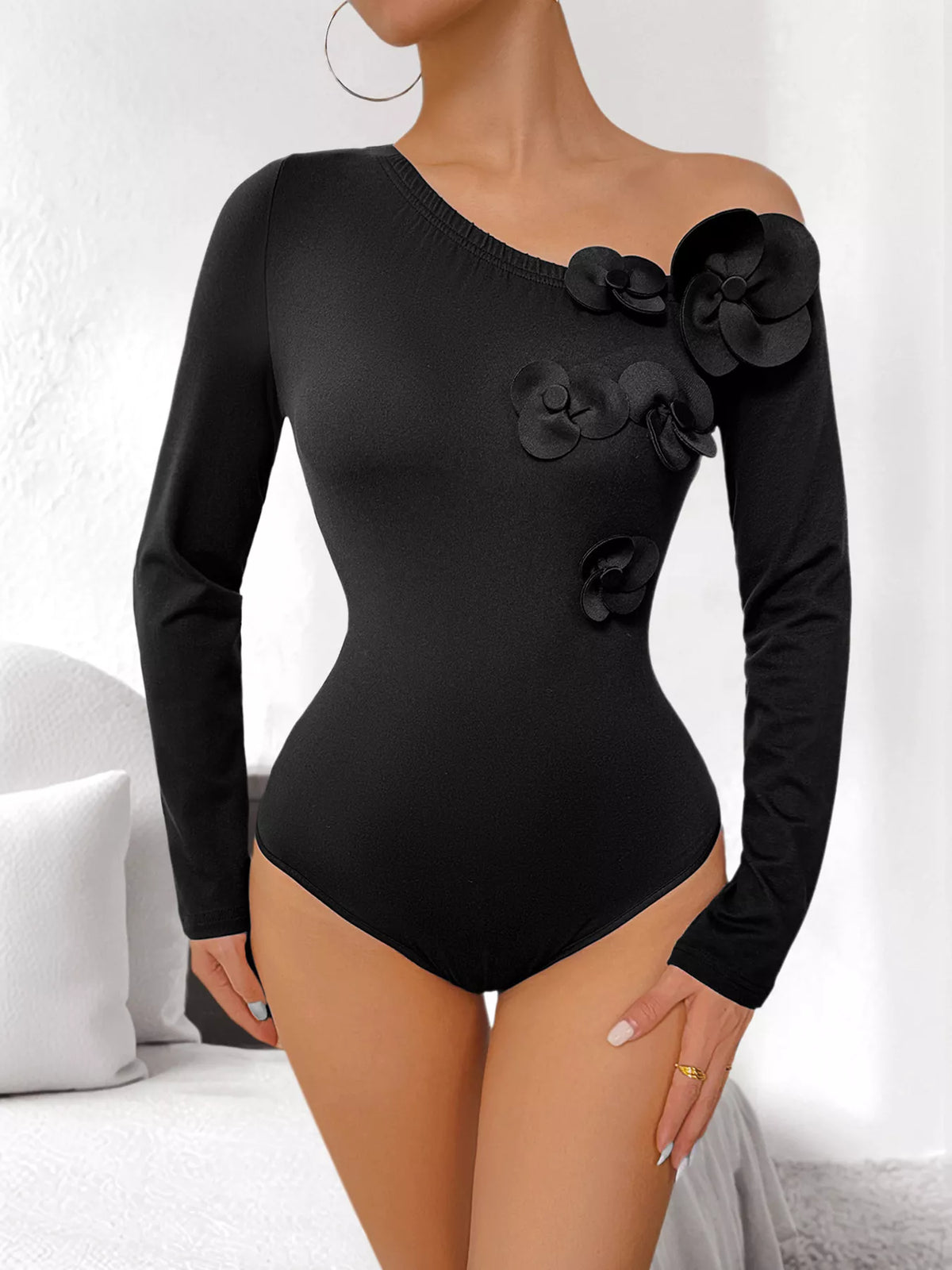 Flower One Shoulder Long Sleeve Bodysuit - Lilixa.store