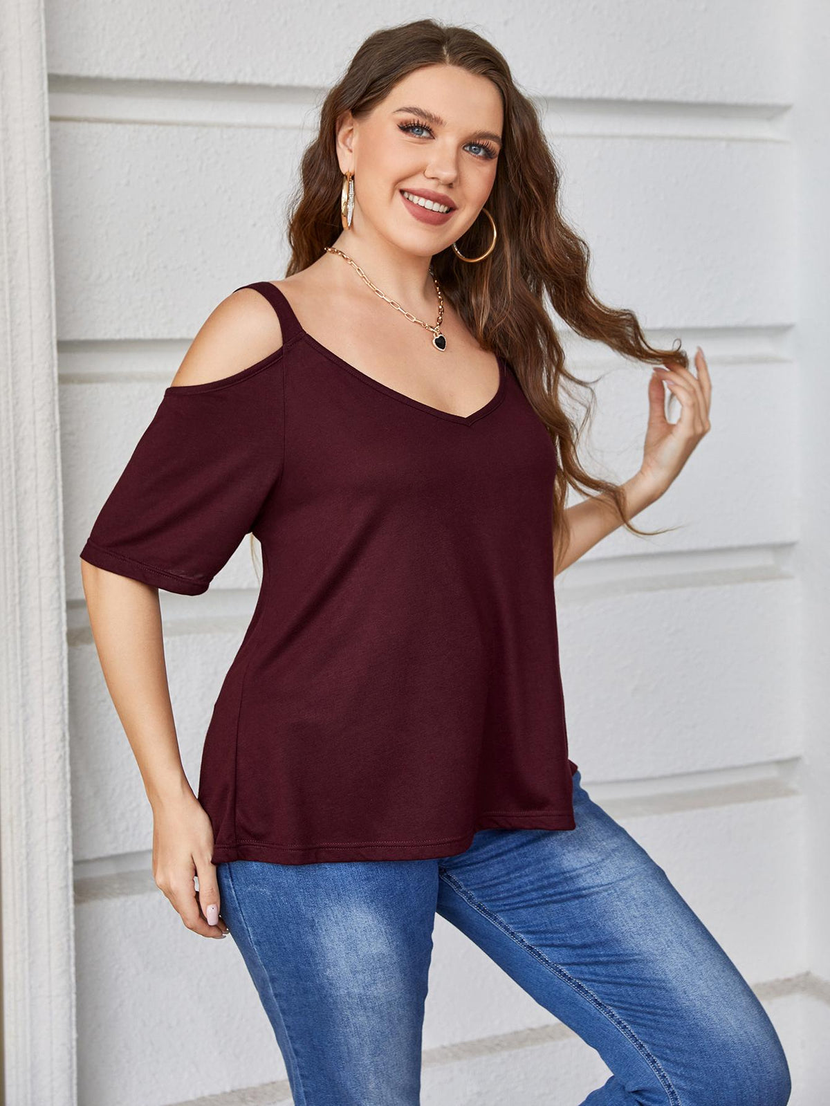 Plus Size V-Neck Cold-Shoulder Blouse in Burgundy, view 4