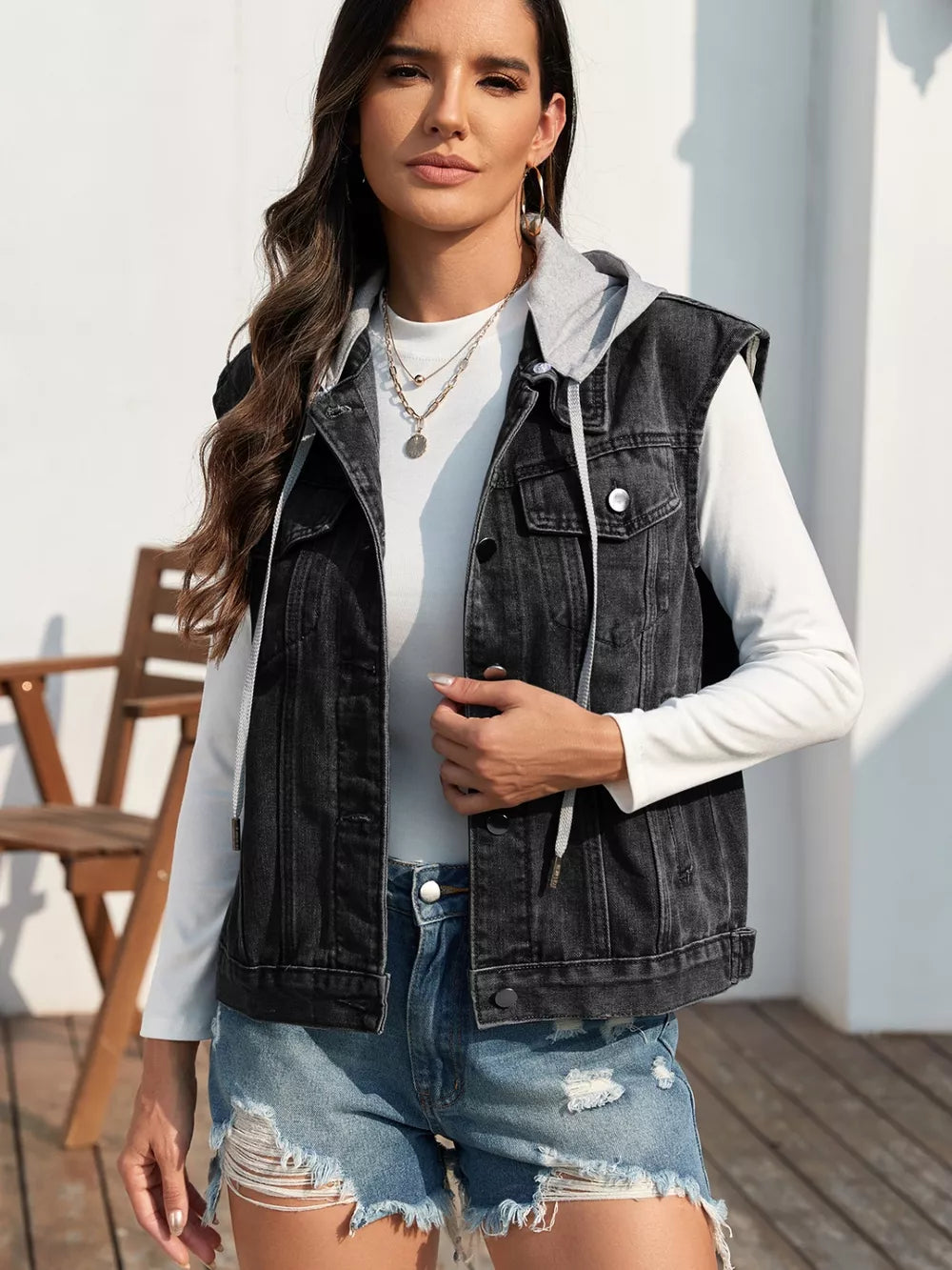 Pocketed Button Up Hooded Denim Jacket in Black