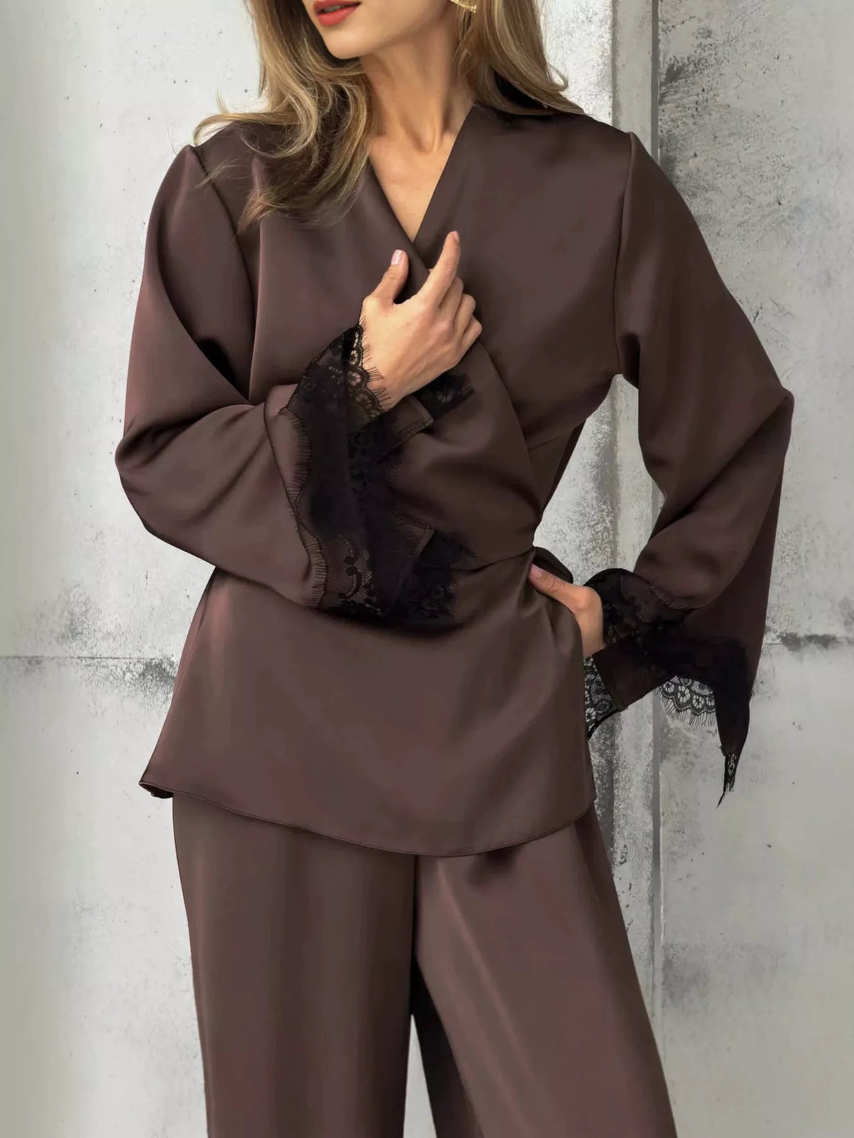 Lace Trim Wrap Top and Pants Set - Lilixa.store