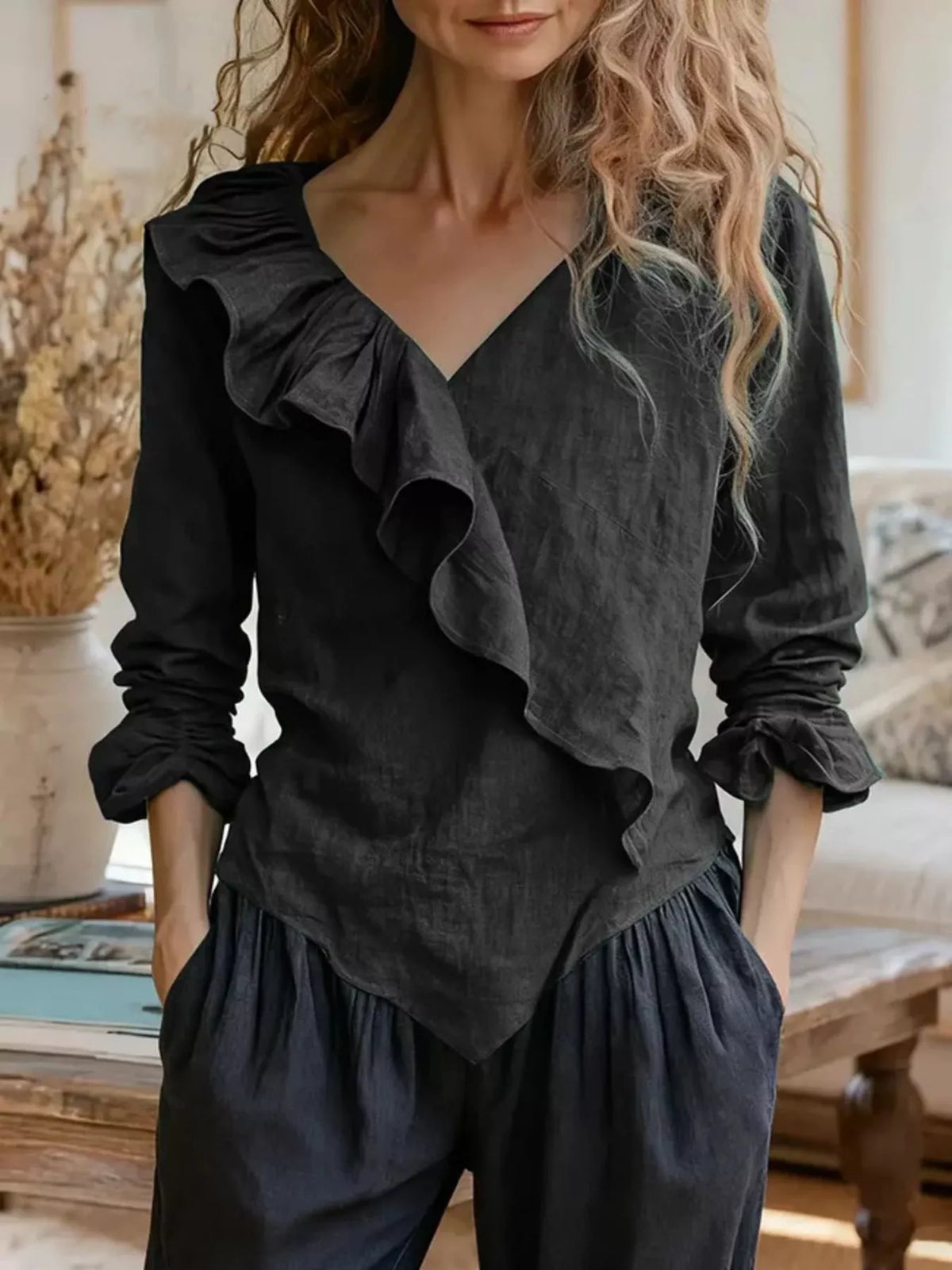 V-Neck Ruffled Long Sleeve Blouse - Lilixa.store