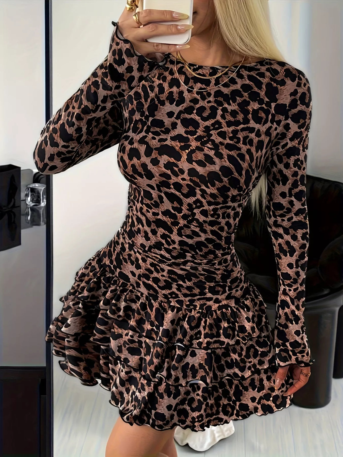 Long Sleeve Ruffled Hem Mini Dress - Lilixa.store