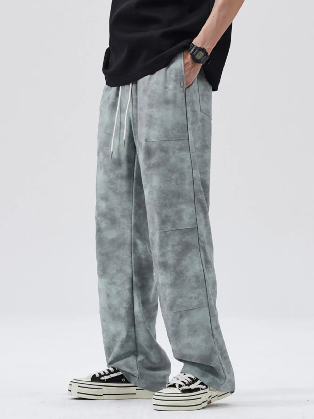 Men's Full Size Relaxed Fit Tie-Dye Wide Leg Cargo Pants Plus Size in Gray Blue