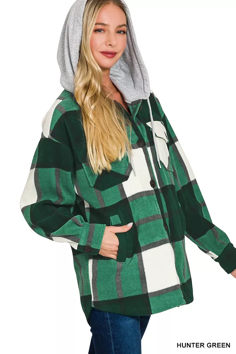 Zenana Plaid Drawstring Hooded Fleece Shacket in Hunter Green, view 3