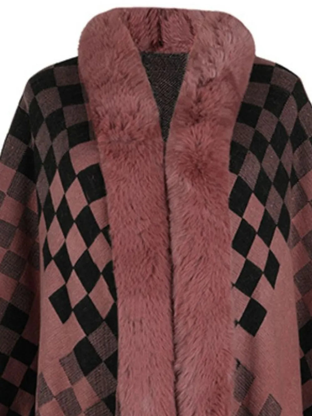 Fuzzy Checkered Long Sleeve Poncho - Lilixa.store