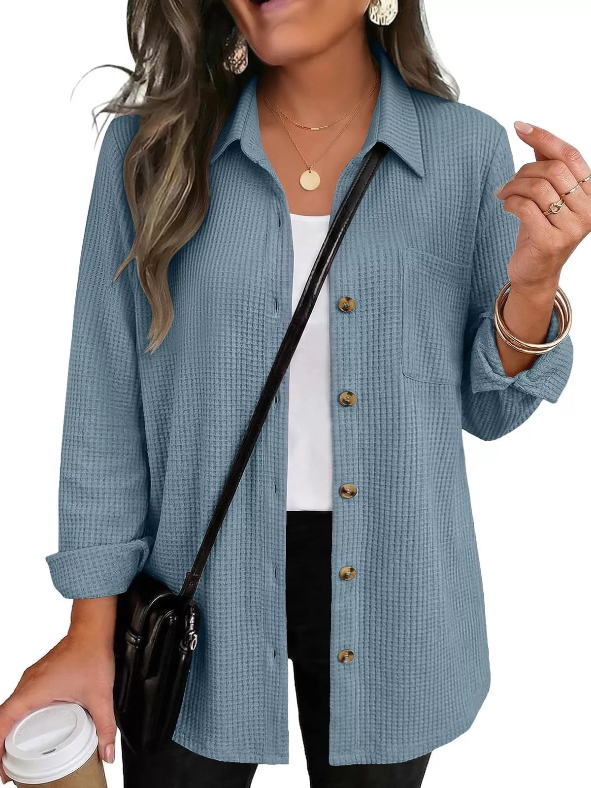 Waffle Knit Button-Down Long Sleeve Shirt - Lilixa.store