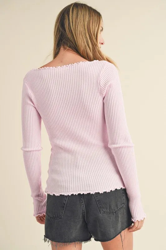 Aemi + Co Lettuce Hem Scoop Neck Long Sleeve Knit Top in Blush Pink, view 3
