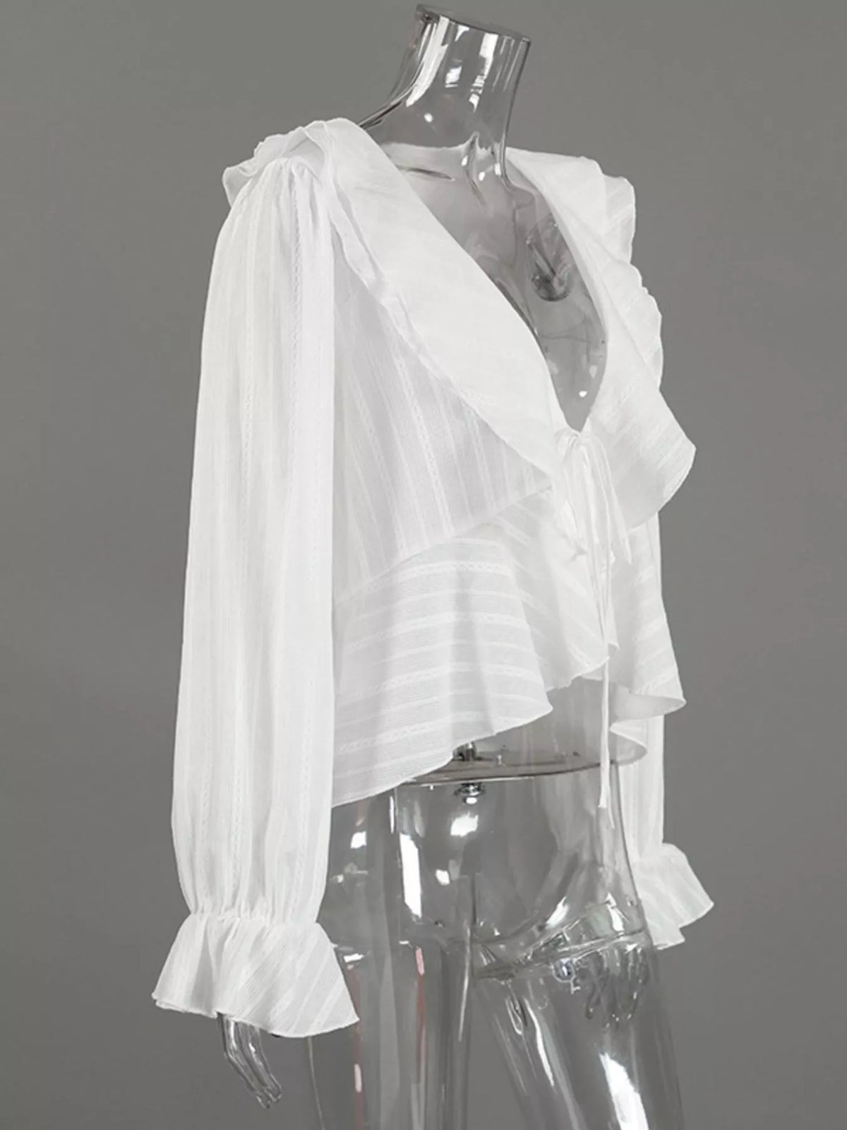 Ruffled Striped Flounce Sleeve Blouse in White, view 9
