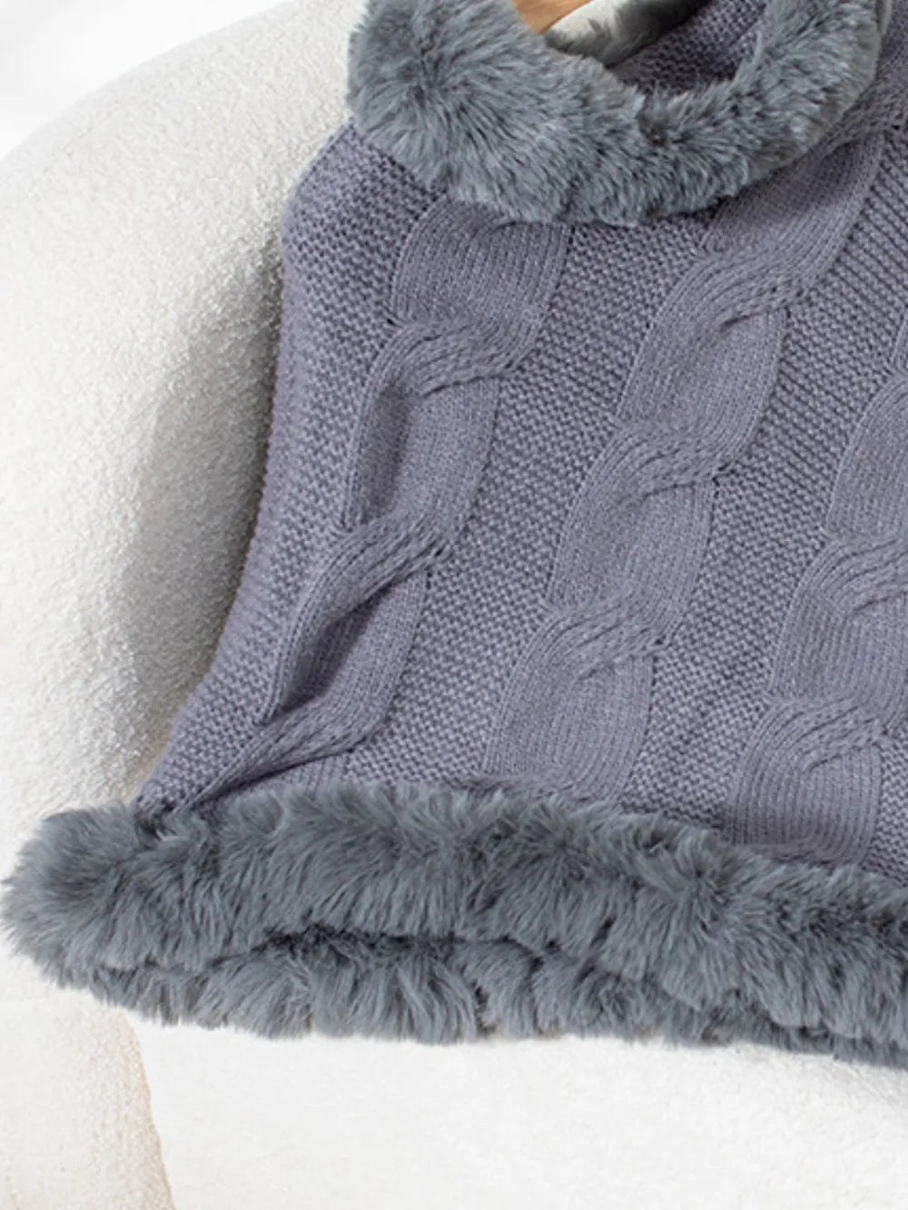 Fuzzy Hem Cable-Knit Poncho - Lilixa.store