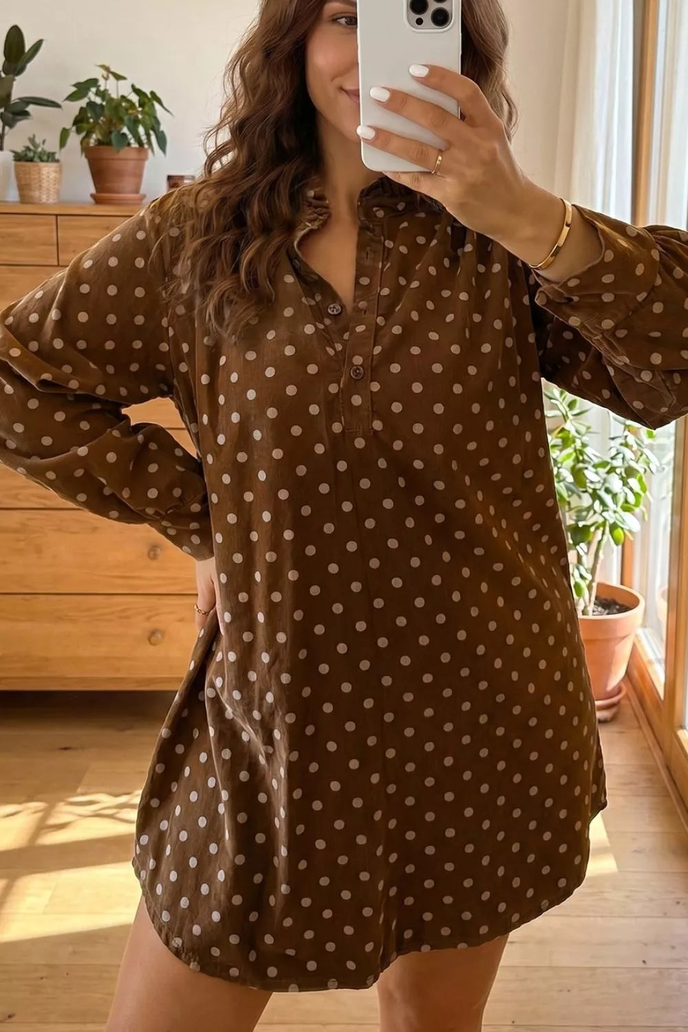 Polka Dot V Neck Long Sleeve Button Shift Dress - Lilixa.store