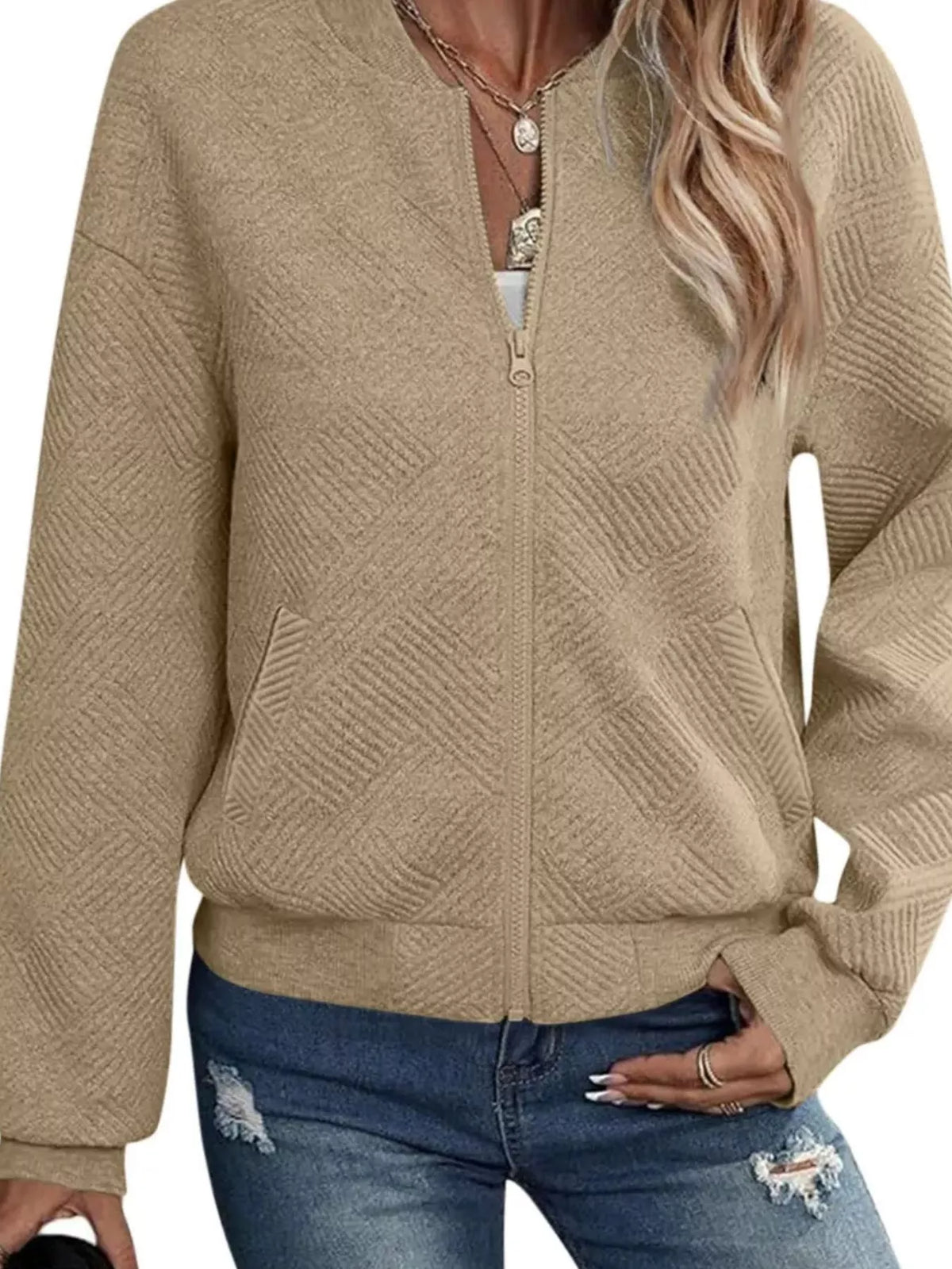 Textured Knit Zip-Up Jacket - Lilixa.store