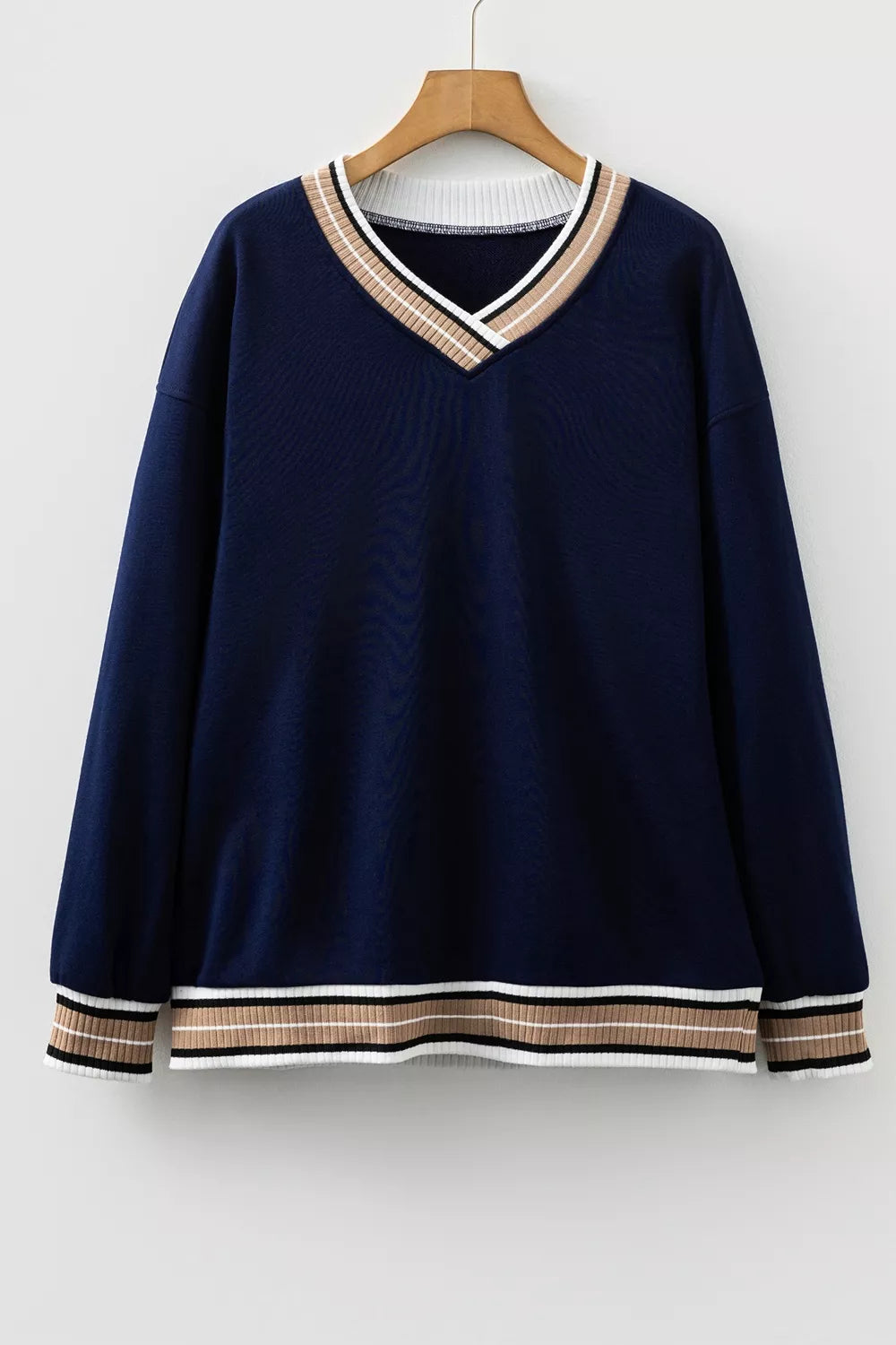 Contrast Striped Trim V Neck Sweatshirt - Lilixa.store