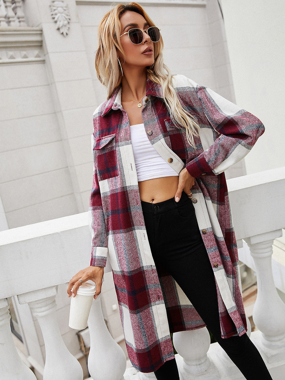Ivy Lane Plaid Longline Shirt Jacket in Burgundy