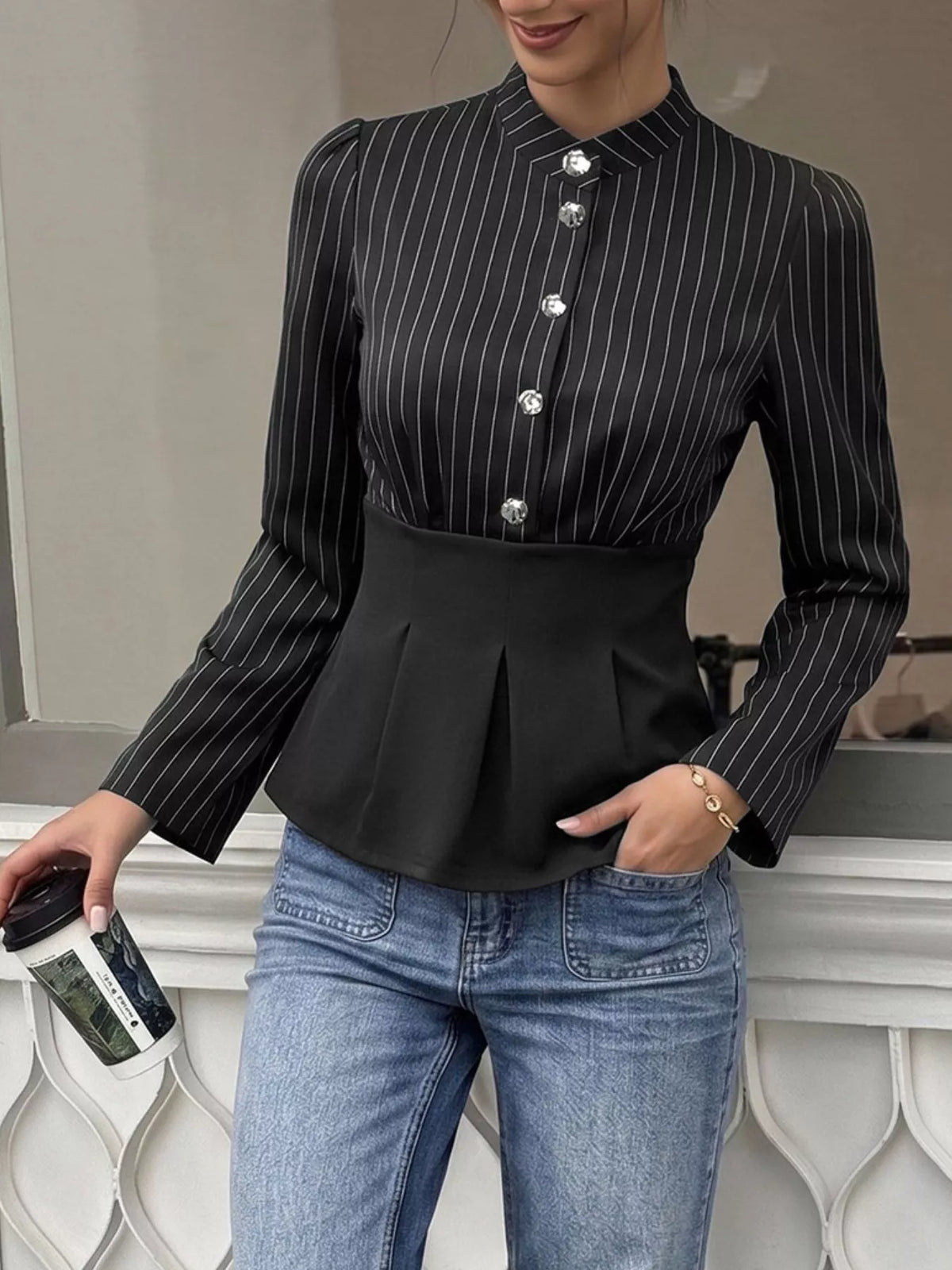 Striped Long Sleeve Peplum Blouse in Black, view 5