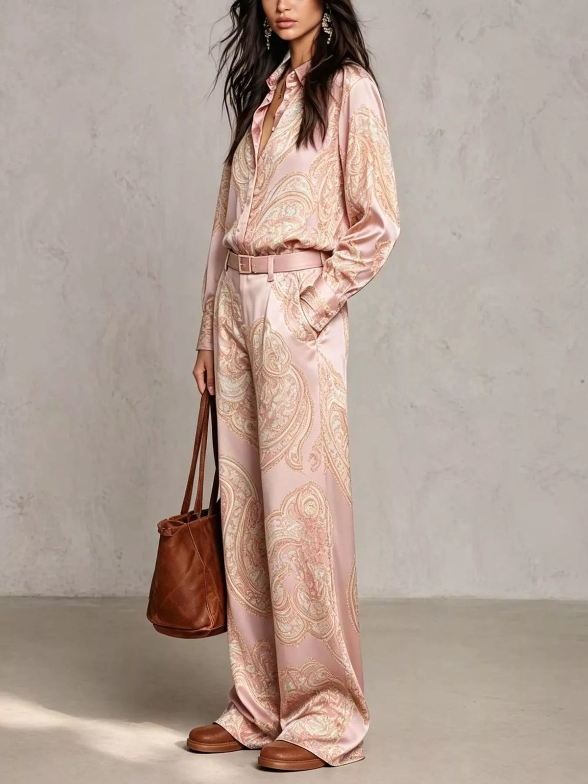 Paisley Print Long Sleeve Shirt and Wide-Leg Pants Set