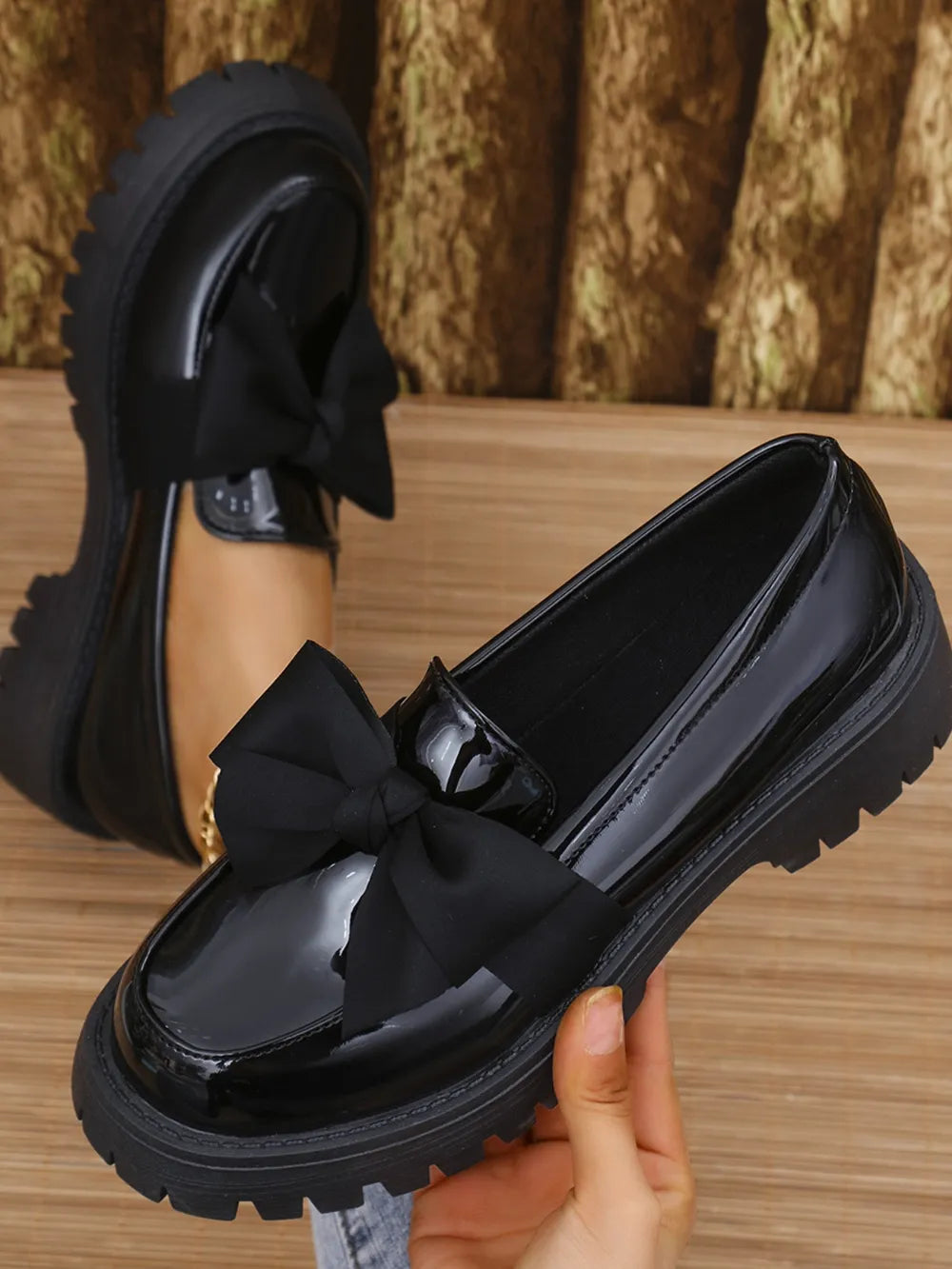Bow PU Leather Round Toe Loafers in Burgundy, view 6