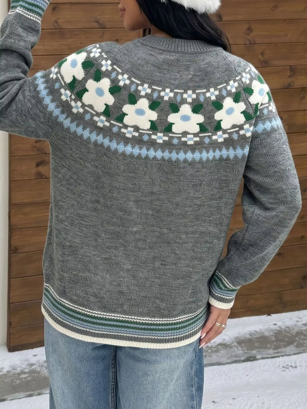 Floral Pattern Round Neck Sweater - Lilixa.store
