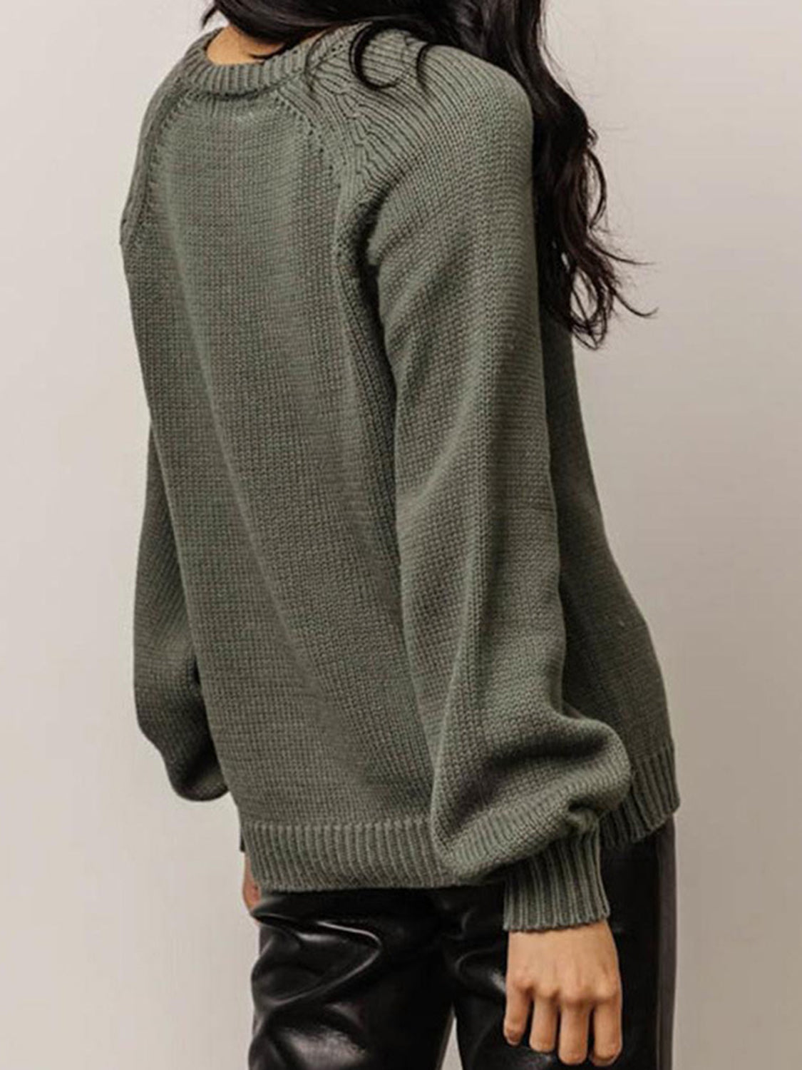 Buttoned Round Neck Long Sleeve Sweater in Army Green, view 4