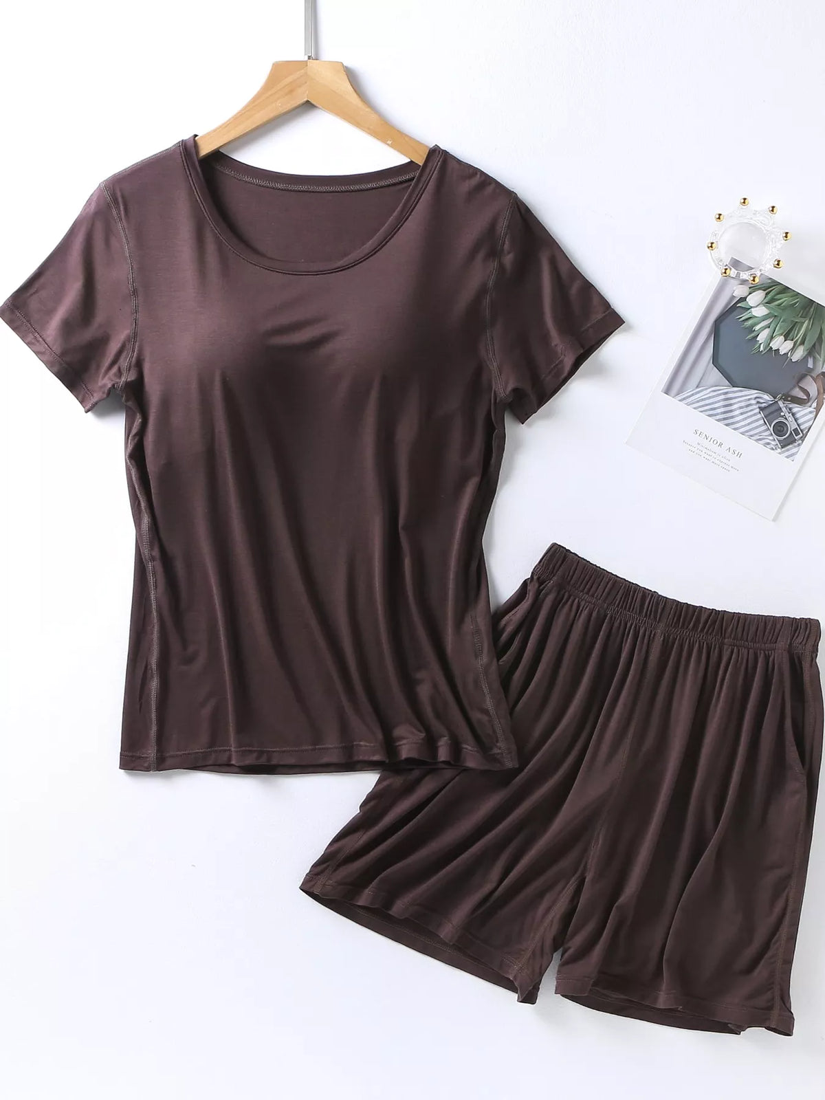 Plus Size Padded Round Neck Modal T-Shirt and Shorts Set - Lilixa.store