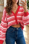 Geometric Striped Pattern V Neck Button Front Casual Knit Cardigan - Lilixa.store