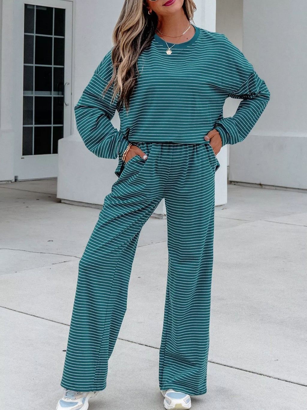 Stripe Dropped Shoulder Long Sleeve Top Elastic Waist Pants Casual 2pcs Set - Lilixa.store
