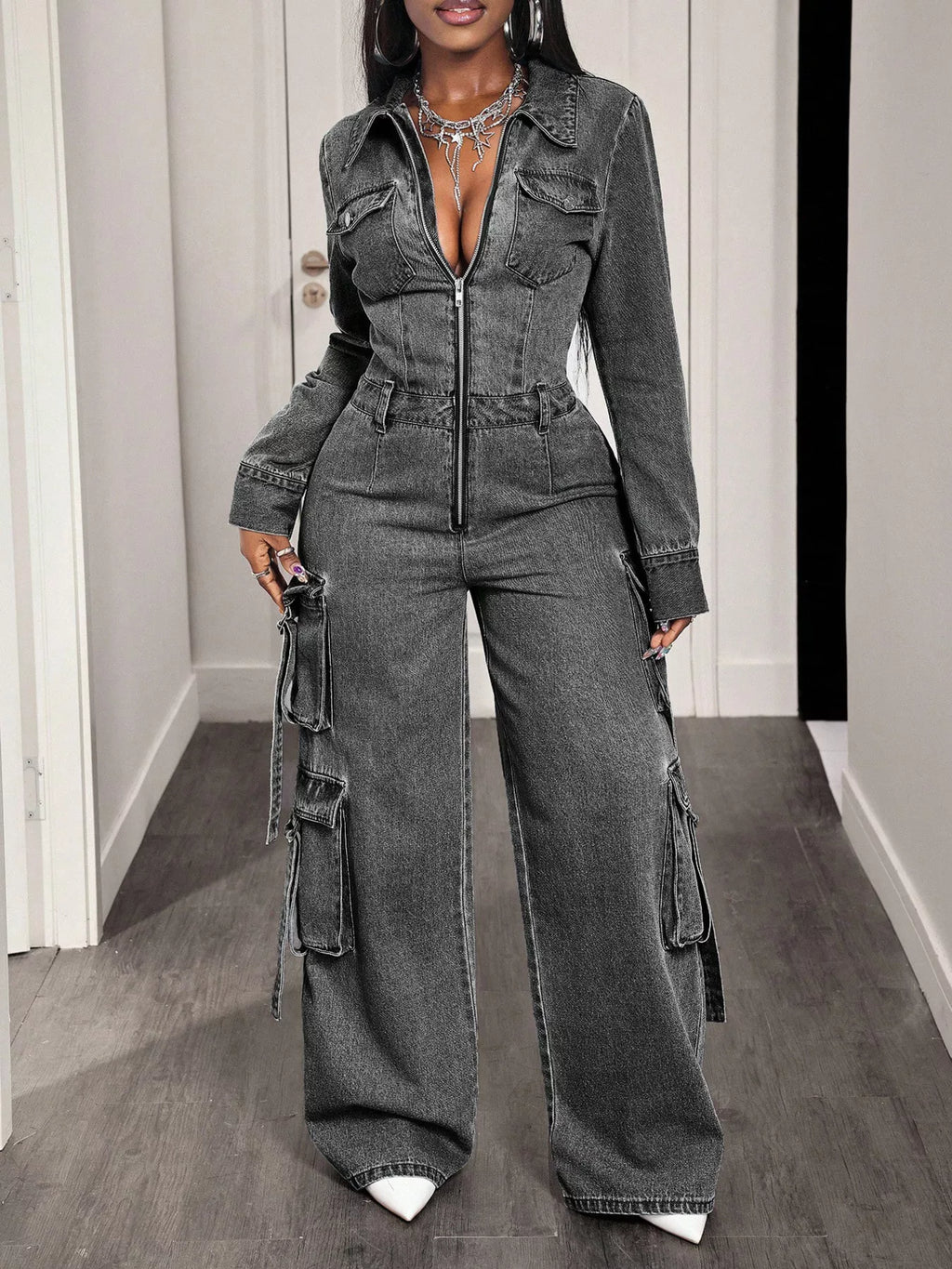 Zip Front Wide Leg Denim Jumpsuit - Lilixa.store