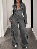 Zip Front Wide Leg Denim Jumpsuit - Lilixa.store