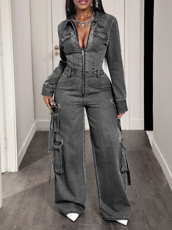 Zip Front Wide Leg Denim Jumpsuit - Lilixa.store