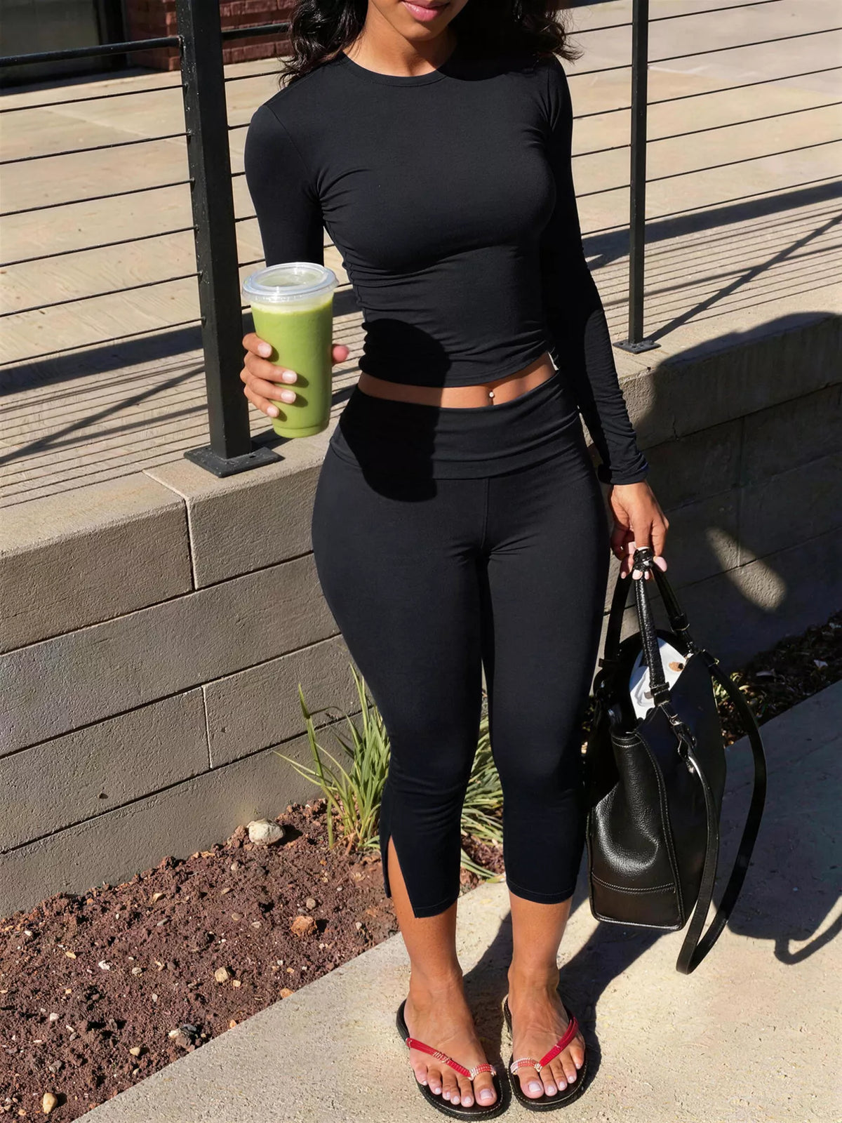 Slim-Fit Long Sleeve Crop Top and High-Waisted Split-Hem Leggings Set