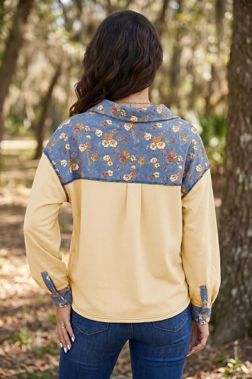 Floral Denim Patchwork Collar V Neck Long Sleeve Pullover Top, view 4