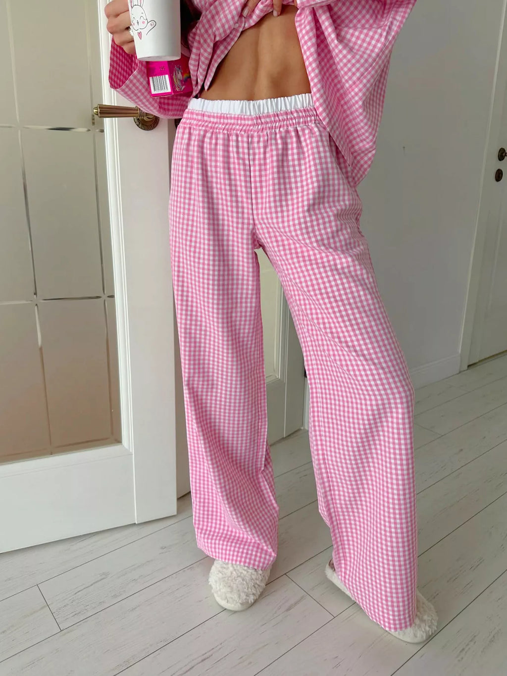 Gingham Button-Down Top and Pants Loungewear Set - Lilixa.store