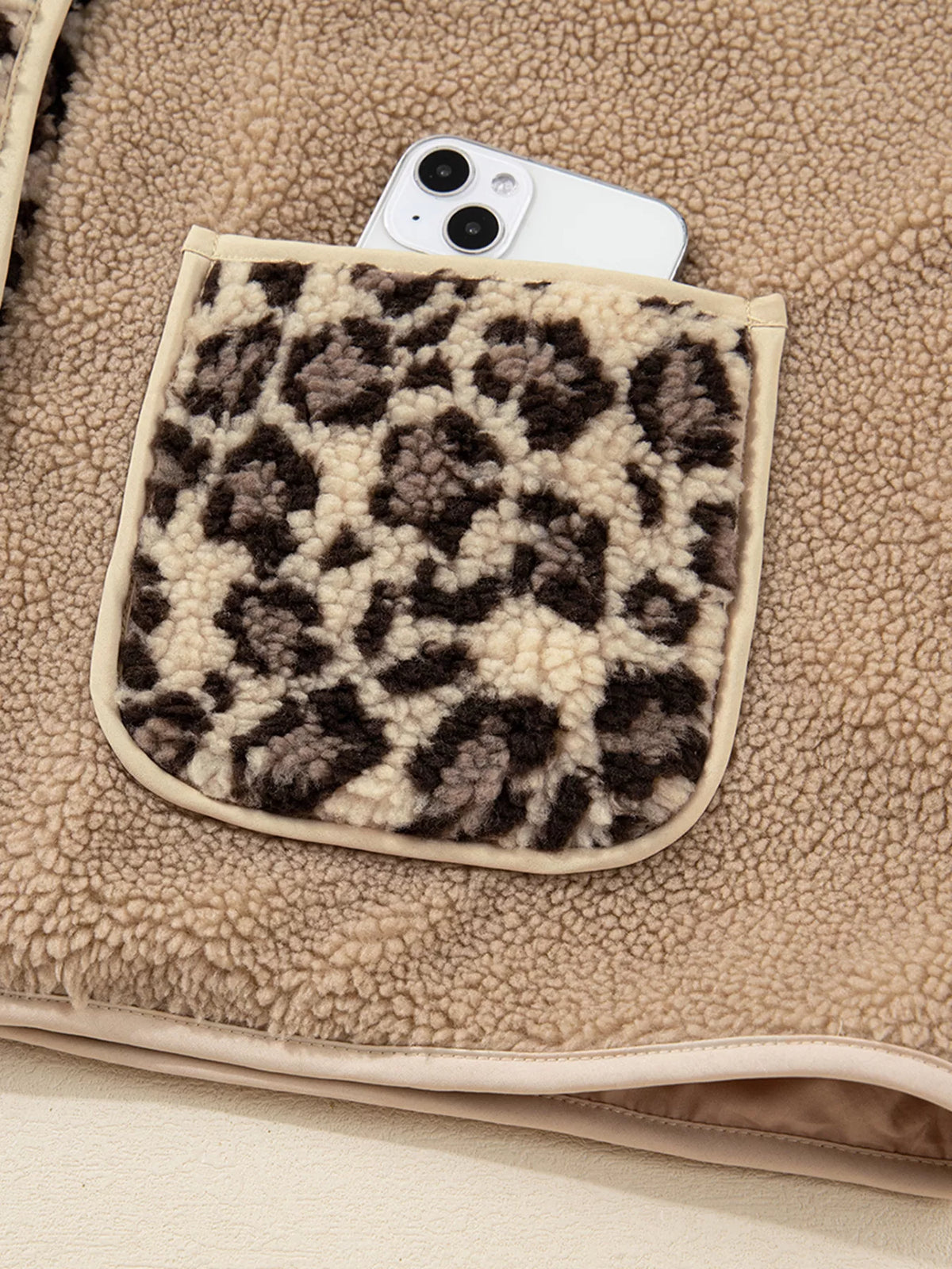 Casual Leopard Print Accent Plush Jacket with Pockets in Camel, view 12