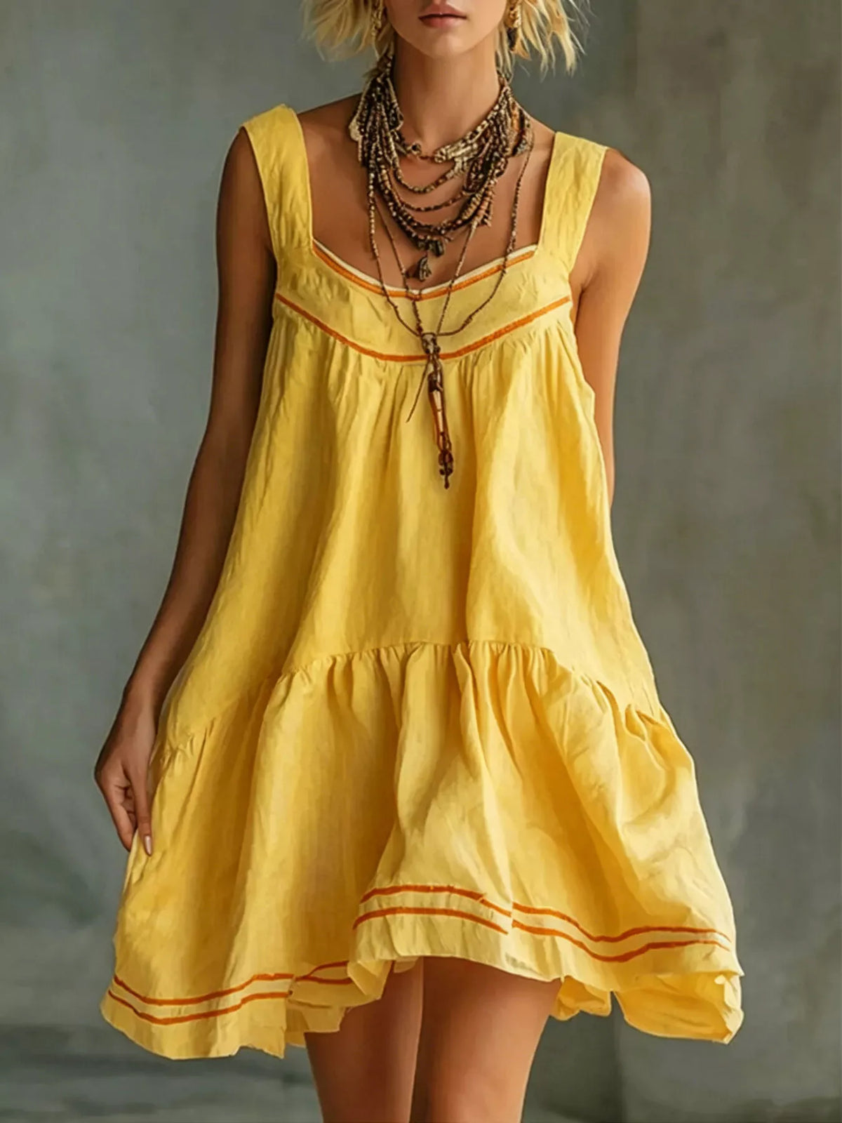 Full Size Sleeveless Tiered Mini Dress Plus Size in Yellow