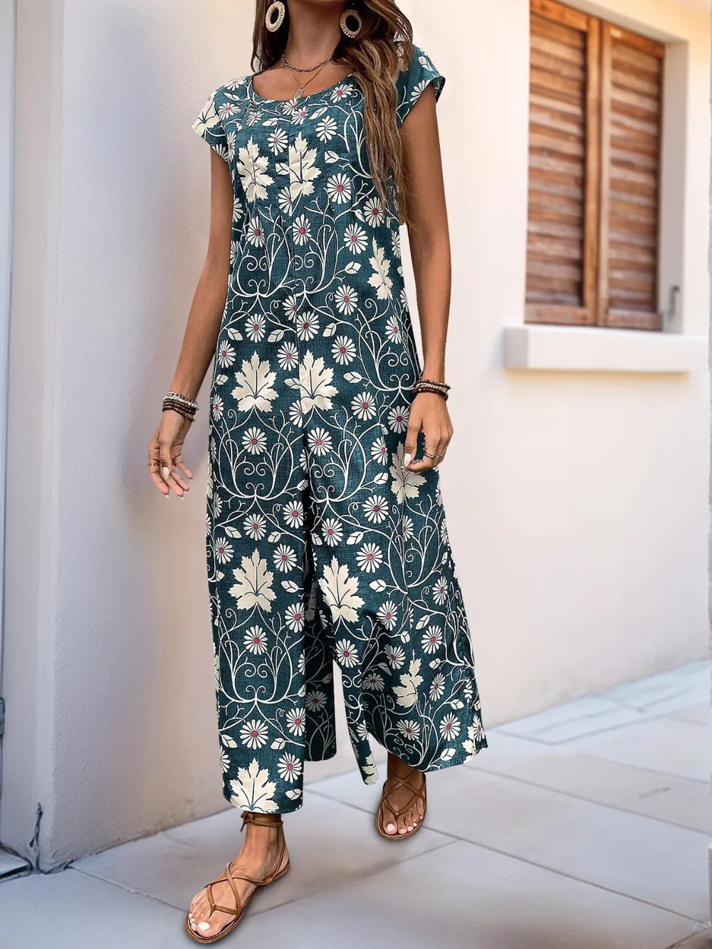 Perfee Printed Round Neck Cap Sleeve Wide Leg Jumpsuit - Lilixa.store